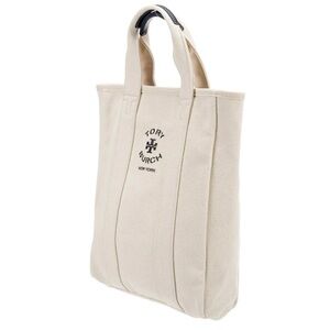 Tory Burch Beige Canvas Tote with Logo (Blue leather handles)